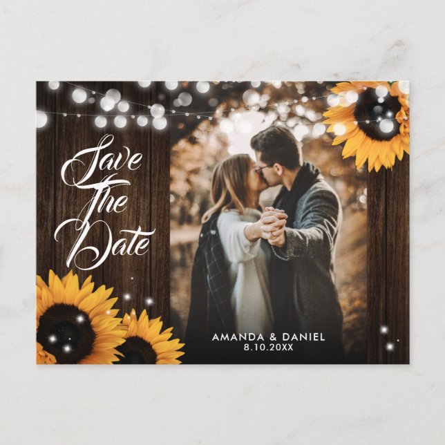 Postal De Anuncios Luz De Madera De Girasol Boda Foto Guardar La Fech (Anverso)
