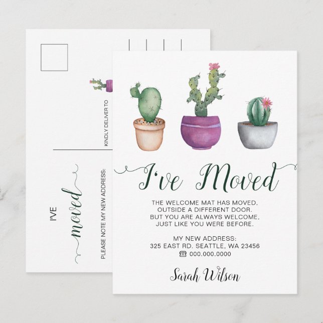 Postal De Anuncios Macetas de cactus con acuarela rústica me he mudad (Anverso / Reverso)