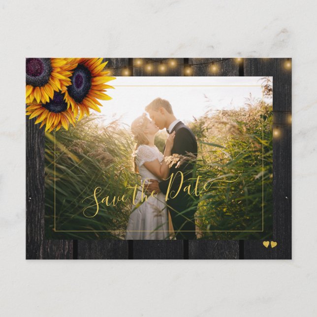 Postal De Anuncios Madera de granero de girasoles rústicos salvan al  (Anverso)