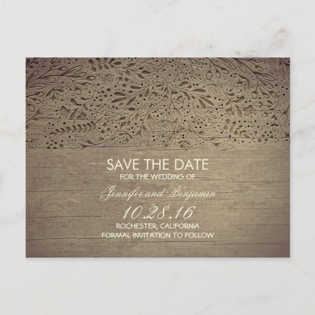 Postal De Anuncios madera rústica floral salva la fecha (Anverso)