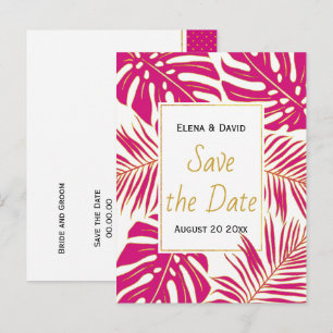 Postal De Anuncios Magenta boda de hojas tropicales rosadas Save the 