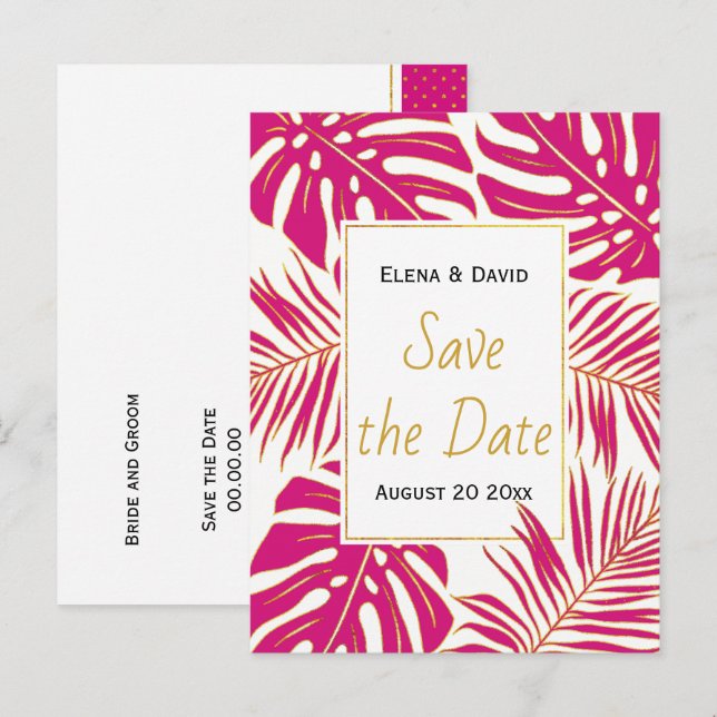 Postal De Anuncios Magenta boda de hojas tropicales rosadas Save the  (Anverso / Reverso)
