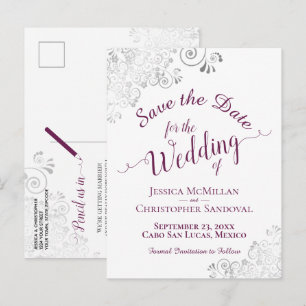 Postal De Anuncios Magenta sobre blanco Save the Date de boda platead