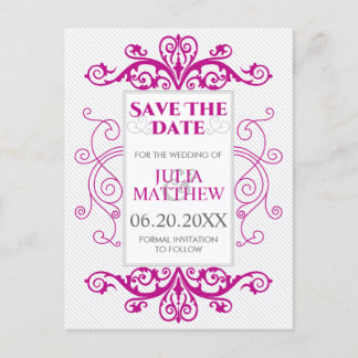 Postal De Anuncios Magenta Vintage Remolinos Boda Guardar la Fecha