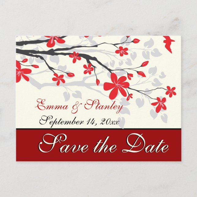 Postal De Anuncios Magnolia rama boda personalizada Save the Date roj (Anverso)