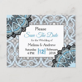 Postal De Anuncios Mandala de boda negro y azul para guardar la fecha