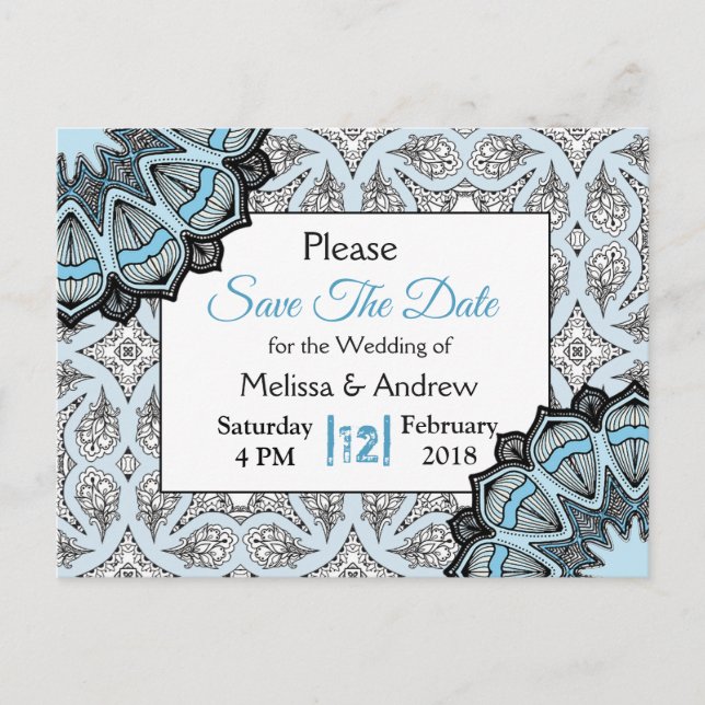 Postal De Anuncios Mandala de boda negro y azul para guardar la fecha (Anverso)