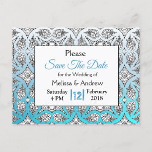 Postal De Anuncios Mandala negro y azul de boda Save the Date