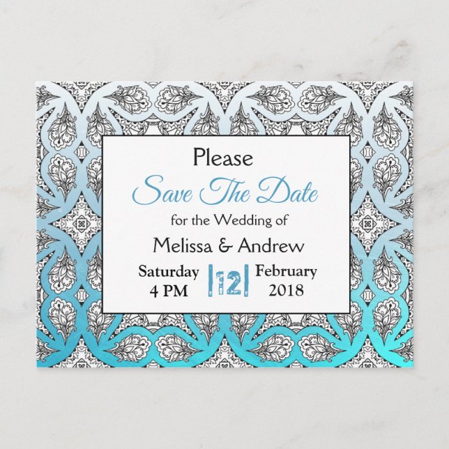 Postal De Anuncios Mandala negro y azul de boda Save the Date (Anverso)