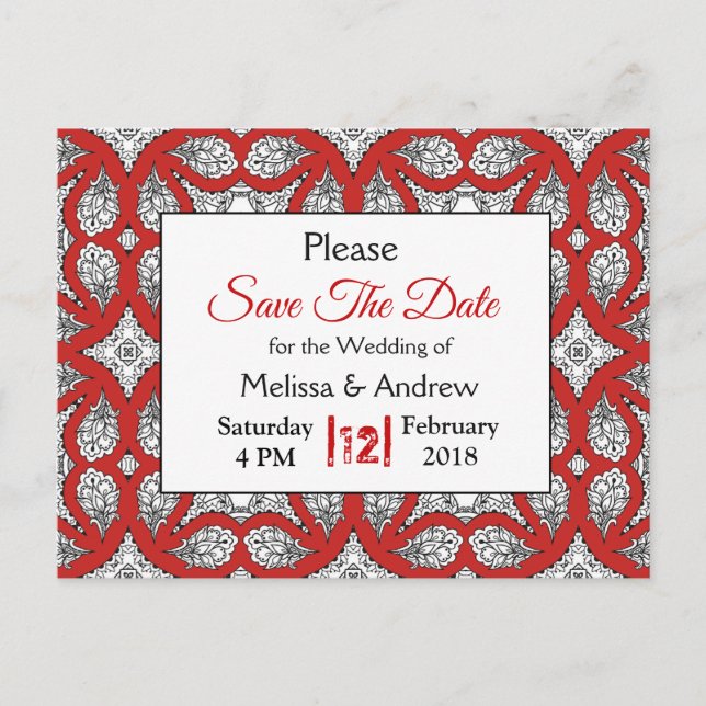 Postal De Anuncios Mandala negro y rojo para boda Save the Date (Anverso)