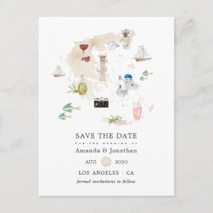 Postal De Anuncios Mapa de Grecia en acuarela para boda de destino