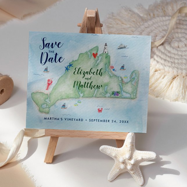 Postal De Anuncios Mapa de Martha's Vineyard en acuarela Save the Dat (Subido por el creador)