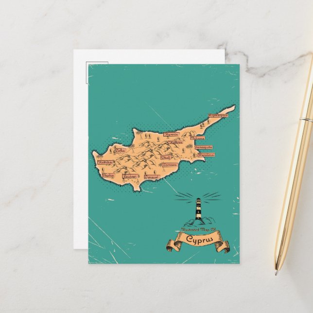 Postal De Anuncios Mapa de viaje ilustrado Chipre (Anverso/Reverso In Situ)
