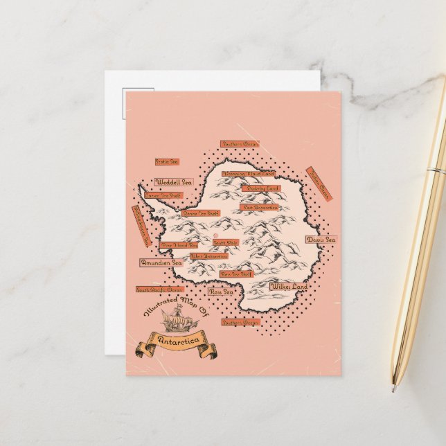 Postal De Anuncios Mapa de viaje ilustrado de Antártida (Anverso/Reverso In Situ)
