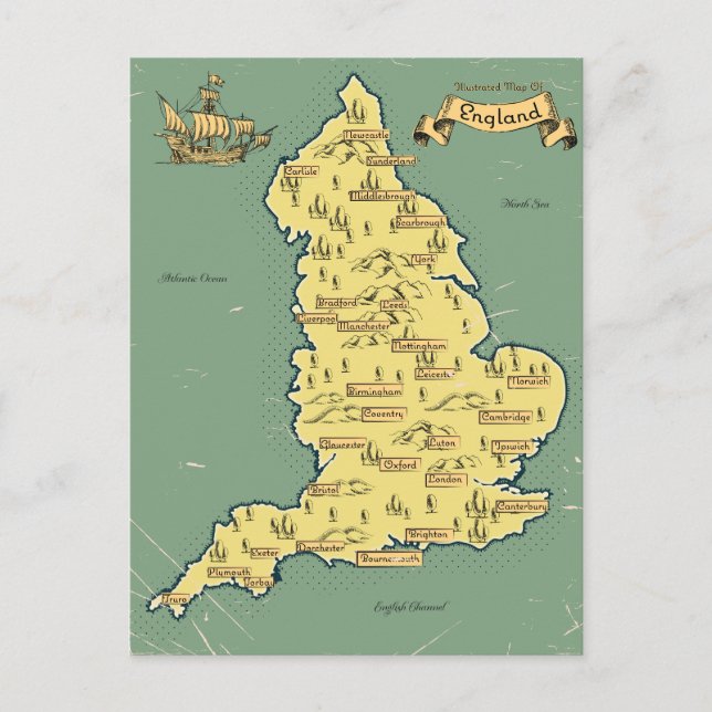 Postal De Anuncios Mapa de viaje ilustrado de Inglaterra (Anverso)