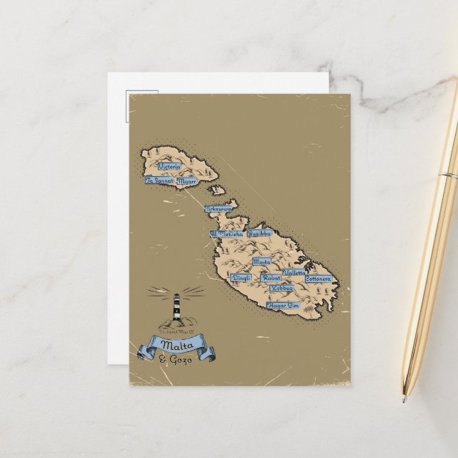 Postal De Anuncios Mapa de viaje ilustrado de Malta (Anverso/Reverso In Situ)