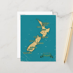 Postal De Anuncios Mapa de viaje ilustrado de Nueva Zelanda