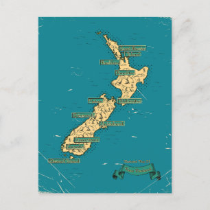 Postal De Anuncios Mapa de viaje ilustrado de Nueva Zelanda