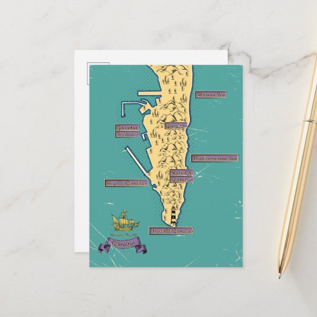 Postal De Anuncios Mapa De Viajes Ilustrado De Gibraltar (Anverso/Reverso In Situ)