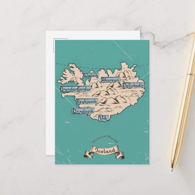 Postal De Anuncios Mapa de viajes ilustrado de Islandia (Anverso/Reverso In Situ)