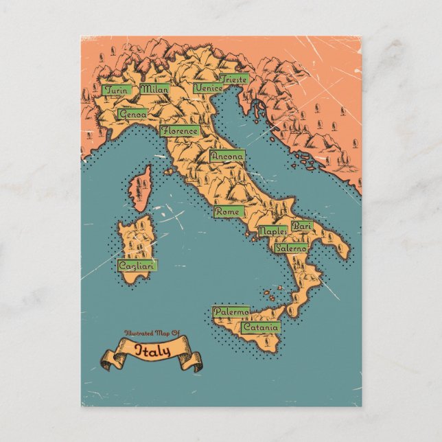Postal De Anuncios Mapa De Viajes Ilustrado De Italia (Anverso)