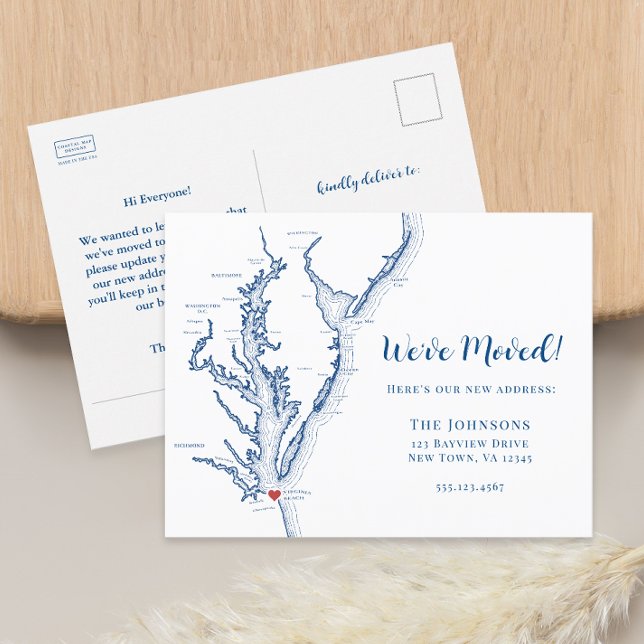 Postal De Anuncios Mapa de Virginia Beach de Nueva Casa en Mudanza (Virginia Beach Change of Address Moving Announcement Postcard with Chesapeake Bay Map)