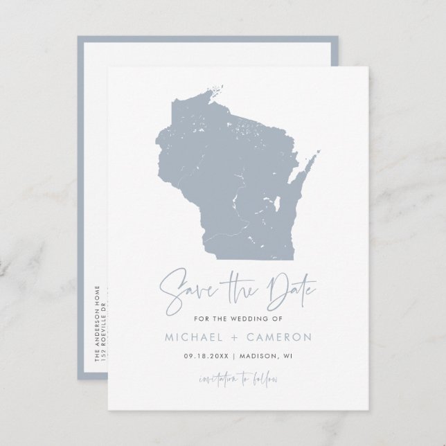 Postal De Anuncios Mapa de Wisconsin en Azul Polvo con Código QR Rese (Anverso / Reverso)