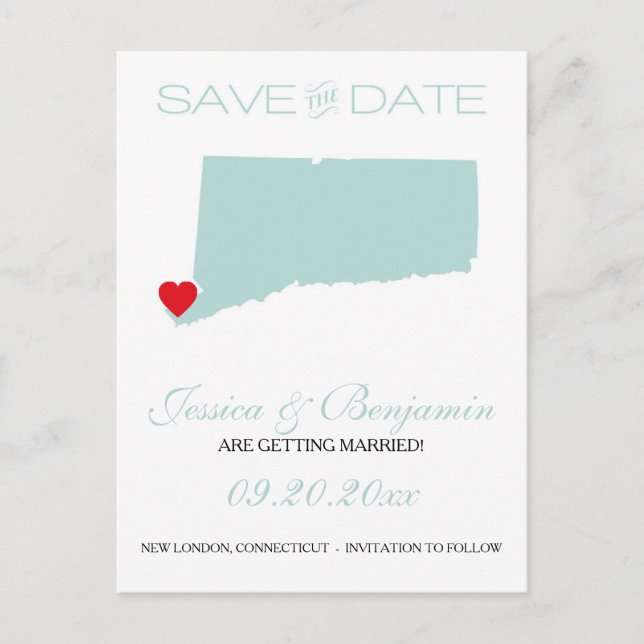 Postal De Anuncios Mapa del Estado de Connecticut Save the Date (Anverso)