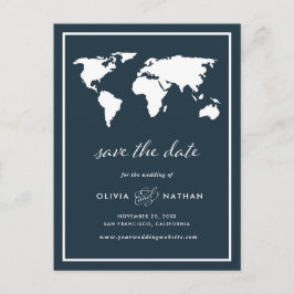 Postal De Anuncios Mapa del mundo azul oscuro | Elegante Save the Dat