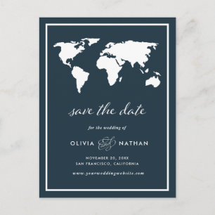 Postal De Anuncios Mapa del mundo azul oscuro   Elegante Save the Dat