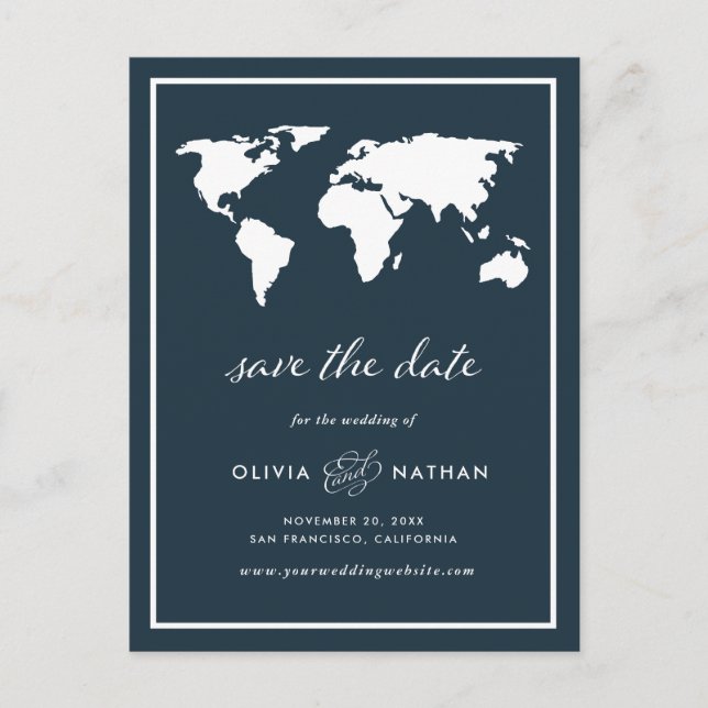 Postal De Anuncios Mapa del mundo azul oscuro | Elegante Save the Dat (Anverso)