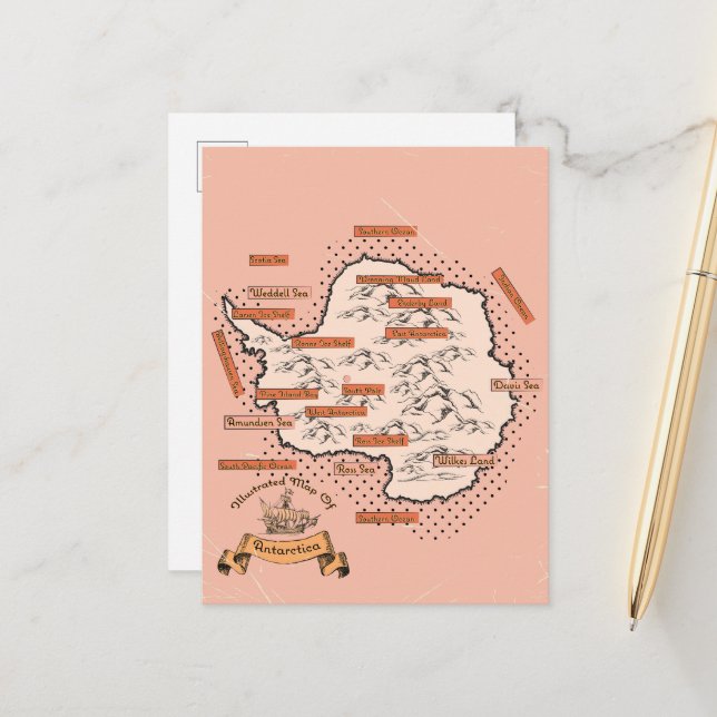 Postal De Anuncios Mapa ilustrado de viajes Antártida (Anverso/Reverso In Situ)