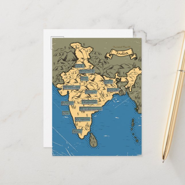 Postal De Anuncios Mapa ilustrado de viajes de la India (Anverso/Reverso In Situ)