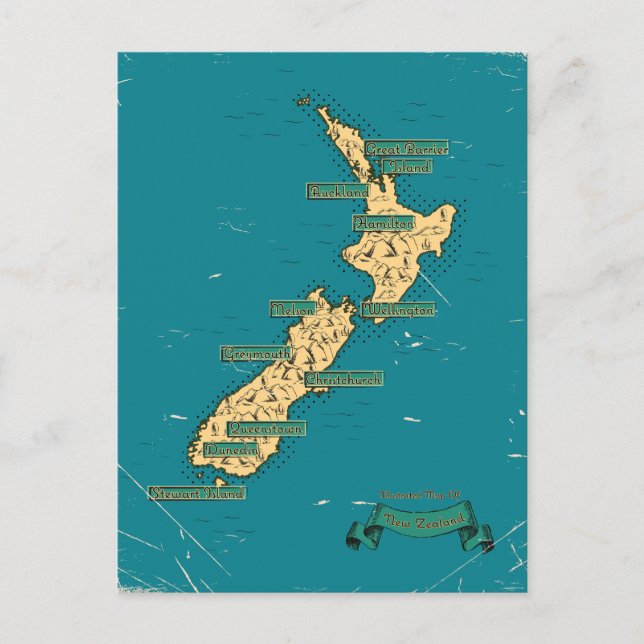 Postal De Anuncios Mapa ilustrado de viajes de Nueva Zelanda (Anverso)