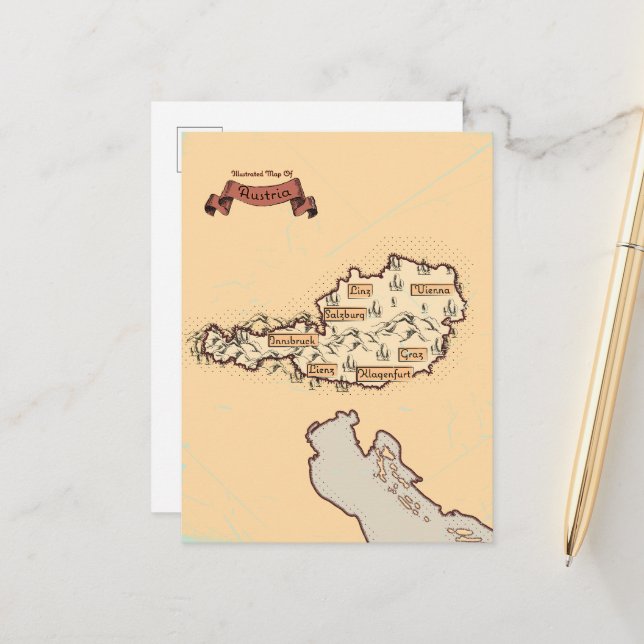 Postal De Anuncios Mapa ilustrado vintage de Austria (Anverso/Reverso In Situ)