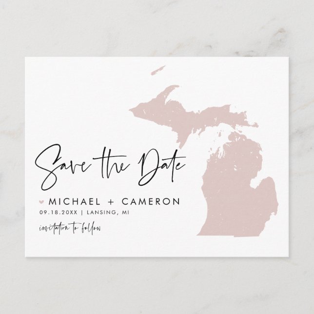 Postal De Anuncios Mapa moderno de Michigan en rosa sonrosado, guárda (Anverso)