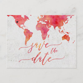 Postal De Anuncios Mapa Mundial Acuarela Coral para Boda Save the Dat