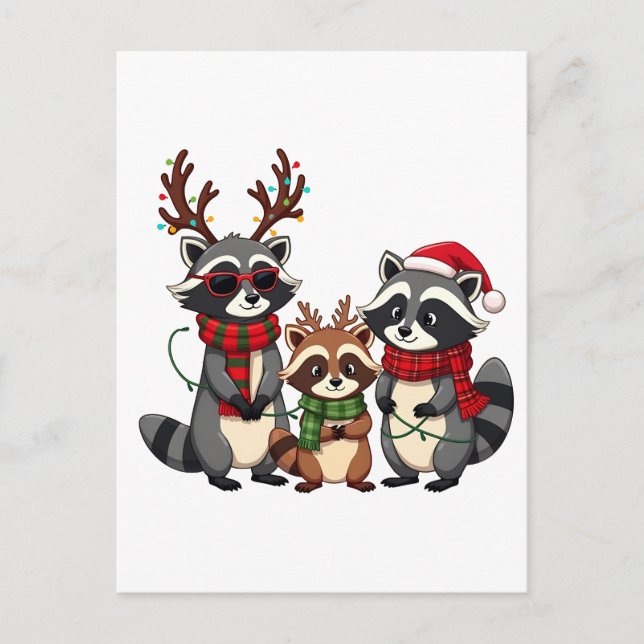 Postal De Anuncios Mapaches de Navidad con sombrero de Santa en coinc (Anverso)