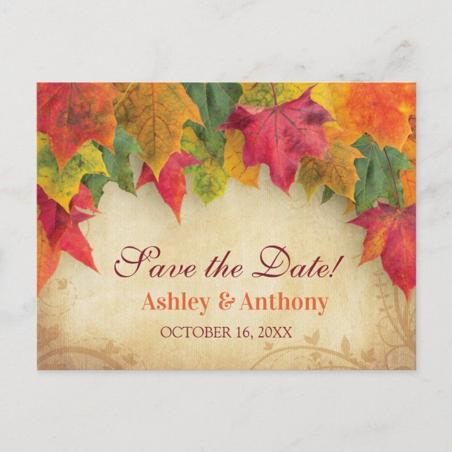 Postal De Anuncios Maple deja Boda otoño Guardar la fecha (Anverso)