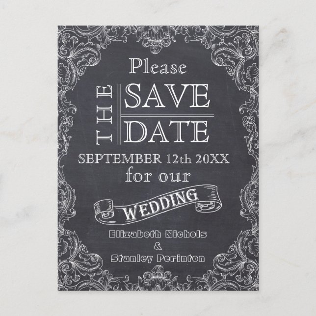 Postal De Anuncios Marco antiguo y pizarra de boda Guardar la fecha (Anverso)