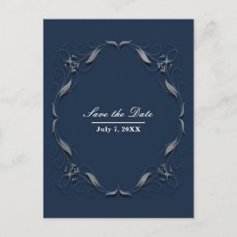 Postal De Anuncios Marco azul y plateado Elegante boda Save the Date