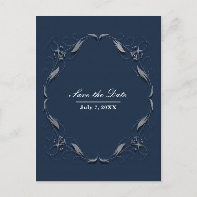 Postal De Anuncios Marco azul y plateado Elegante boda Save the Date (Anverso)