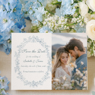 Postal De Anuncios Marco de Boda Azul Francés Antiguo Guardar la Fech