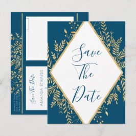 Postal De Anuncios Marco de boda moderno azul y dorado