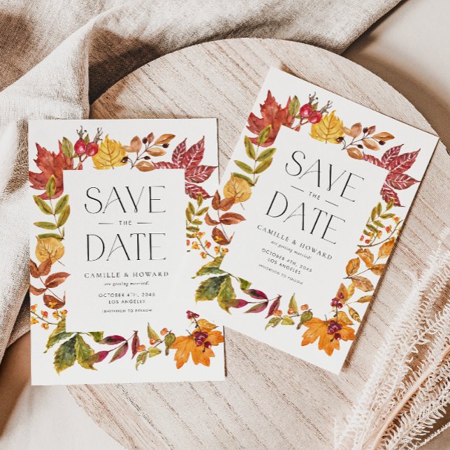Postal De Anuncios Marco de Hojas de Otoño en Acuarela Otoño Guardar  (Customizable Fall Save the Date Announcement Postcard with Autumn Foliage Frame)