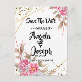 Postal De Anuncios Marco Dorado Geométrico Floral Rosa Save the Date