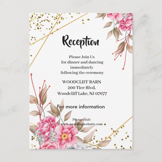 Postal De Anuncios Marco dorado geométrico recepción floral rosa (Anverso)