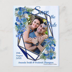 Postal De Anuncios Marcos dorados geométricos-Navy y flores azules