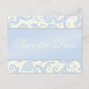 Postal De Anuncios Marfil y Blue Damask Save the Date Postcard