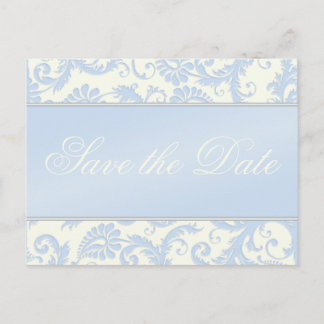 Postal De Anuncios Marfil y Blue Damask Save the Date Postcard